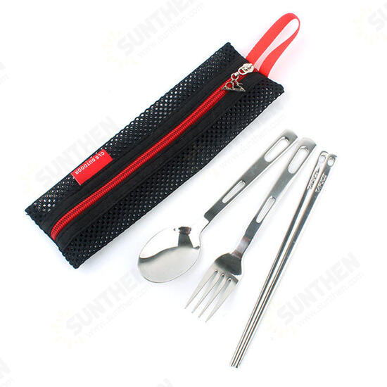 3Pcs Portable Outdoor Camping Picnic Set Stainless Steel Fork Spoon Chopsticks with Tableware Bag