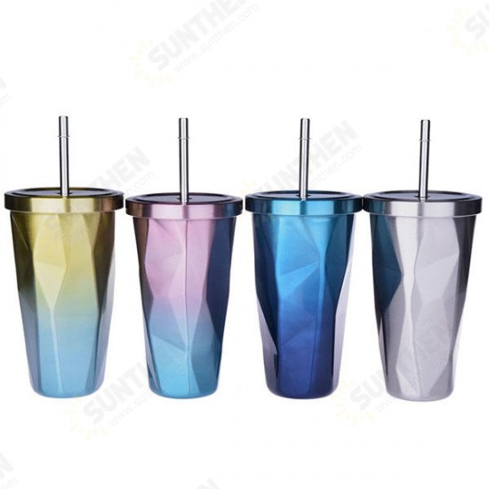 473L Stainless Steel Cups Gradient Color Diamond Double Wall Travel Water Bottles with Straw