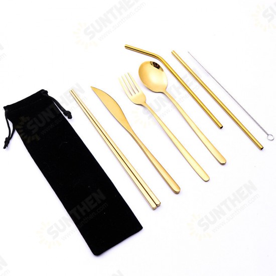 7 Pcs Tableware Set Stainless Steel Fork Spoon Knife Chopsticks Straw Brush Portable Flatware Outdoor Camping Picnic