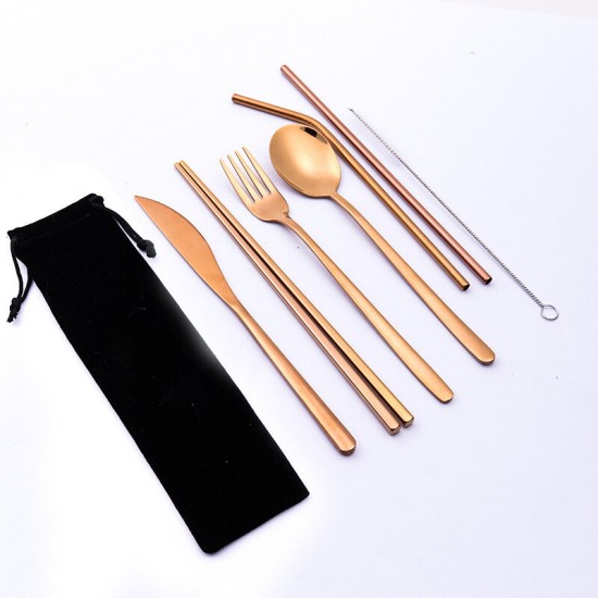 7 Pcs Tableware Set Stainless Steel Fork Spoon Knife Chopsticks Straw Brush Portable Flatware Outdoor Camping Picnic