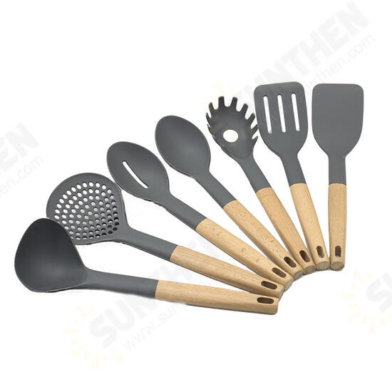 7 Pcs Wooden Handle Silicone Kitchenware Outdoor Camping Tableware Portable Multi Cooking Tools