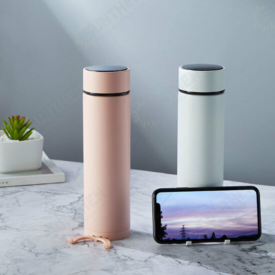 450ml Insulated Cup Smart LCD Temperature Display Vacuum Thermos Food Grade Stainless Steel Water Bottle With Phone Holder