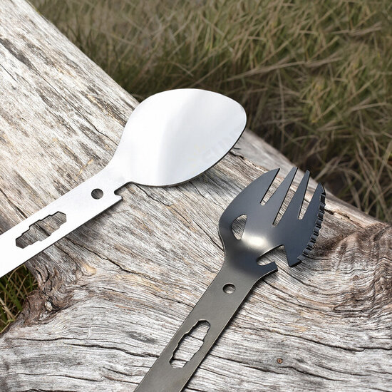 8 in 1 Multifunction Fork Spoon Outdoor Camping Portable Tableware Survival Tool With Opener+Harpoon+Wrench