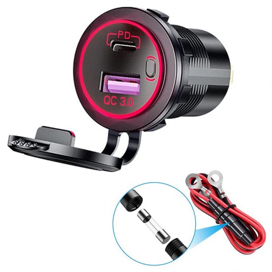 12V Motorcycle Dual Output USB+Type-C PD3.0 QC3.0 Car Charger with Touch Switch for Samsung Huawei Mate40 P50 OnePlus 9Pro