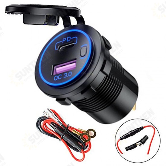 12V Motorcycle Dual Output USB+Type-C PD3.0 QC3.0 Car Charger with Touch Switch for Samsung Huawei Mate40 P50 OnePlus 9Pro