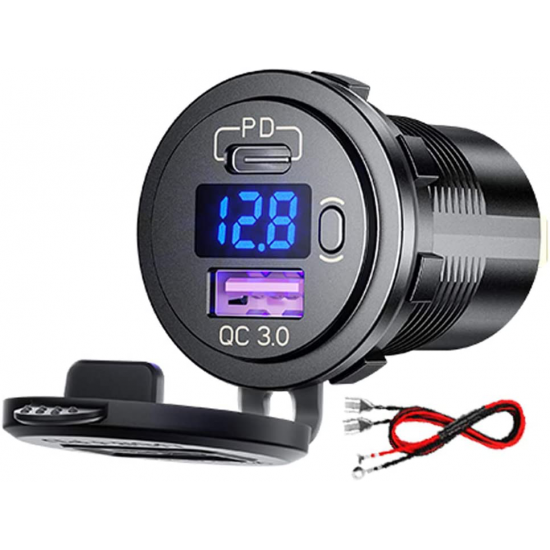 12V Motorcycle LED Display Dual Output USB+Type-C PD3.0 QC3.0 with Touch Switch Car Charger for Samsung Huawei Mate40 P50 OnePlus 9 Pro