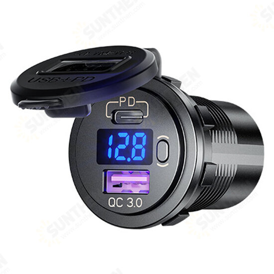 12V Motorcycle LED Display Dual Output USB+Type-C PD3.0 QC3.0 with Touch Switch Car Charger for Samsung Huawei Mate40 P50 OnePlus 9 Pro