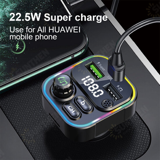 22.5W 2 Usb-As +PD Port FM Bluetooth Transmitter Fast Charging Car Charger Wireless Handsfree Car Mp3 Player For Mobile Phone