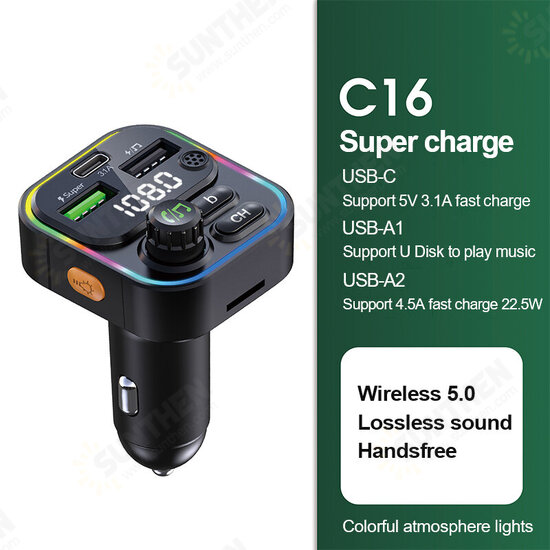 22.5W 2 Usb-As +PD Port FM Bluetooth Transmitter Fast Charging Car Charger Wireless Handsfree Car Mp3 Player For Mobile Phone