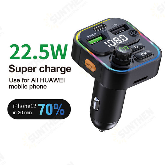 22.5W 2 Usb-As +PD Port FM Bluetooth Transmitter Fast Charging Car Charger Wireless Handsfree Car Mp3 Player For Mobile Phone