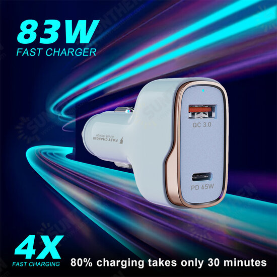 83W 2-Port USB Car Charger USB-C PD 65W+QC3.0 18W Support AFC Fast Charging For iPhone 13 13Mini 13Pro Max Samsung Galaxy Z Fllp3 5G For Xiaomi Mi12