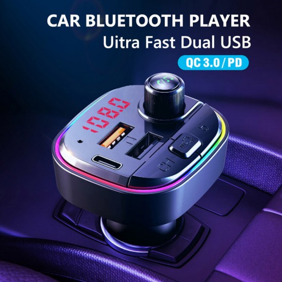 C13 bluetooth V5.0 FM Transmitter 18W PD+QC3.0 USB Car Charger 7 Colors RGB Backlit Light LED Display Wireless Radio Adapter HiFi Music Play With Mic