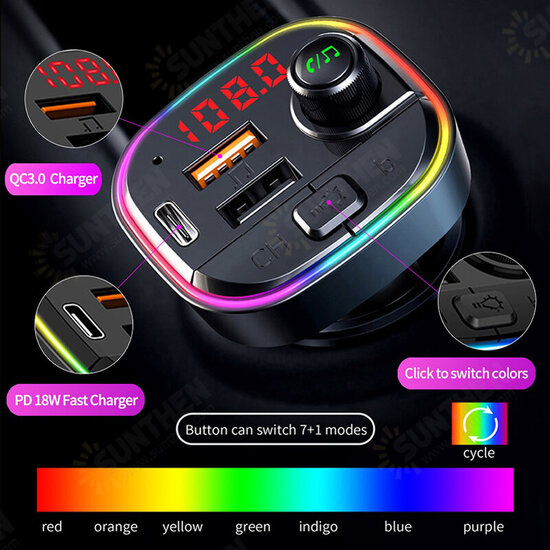 C13 bluetooth V5.0 FM Transmitter 18W PD+QC3.0 USB Car Charger 7 Colors RGB Backlit Light LED Display Wireless Radio Adapter HiFi Music Play With Mic