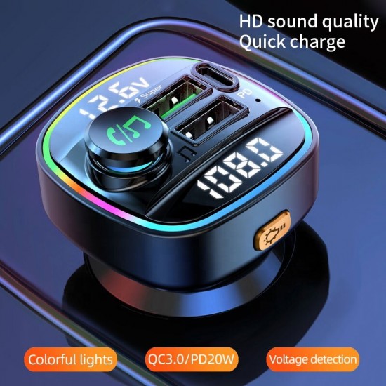 Dual Display QC3.0 PD20W USB Fast Charging FM Bluetooth Transmitter Voltage Detection Wireless Handsfree Car Mp3 Player