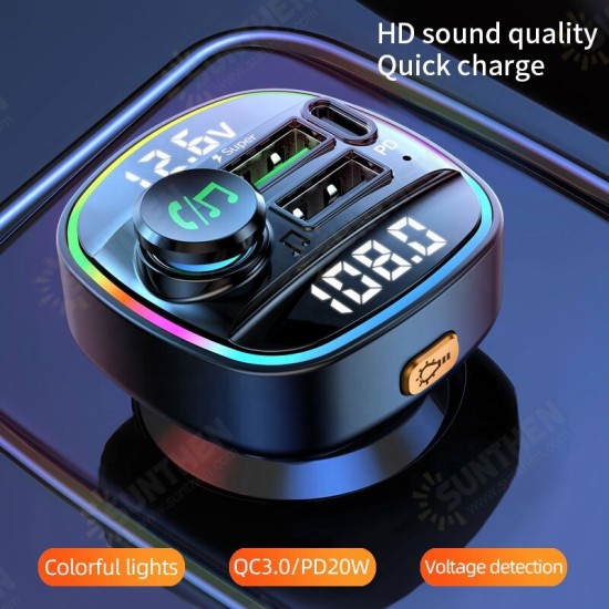 Dual Display QC3.0 PD20W USB Fast Charging FM Bluetooth Transmitter Voltage Detection Wireless Handsfree Car Mp3 Player