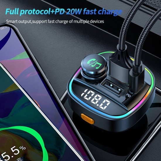 Dual Display QC3.0 PD20W USB Fast Charging FM Bluetooth Transmitter Voltage Detection Wireless Handsfree Car Mp3 Player
