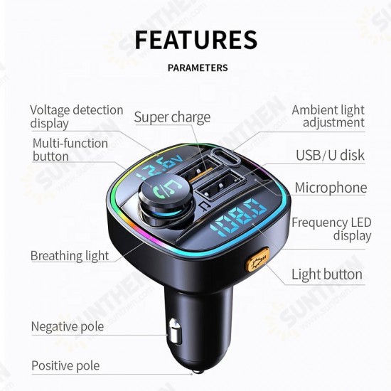 Dual Display QC3.0 PD20W USB Fast Charging FM Bluetooth Transmitter Voltage Detection Wireless Handsfree Car Mp3 Player