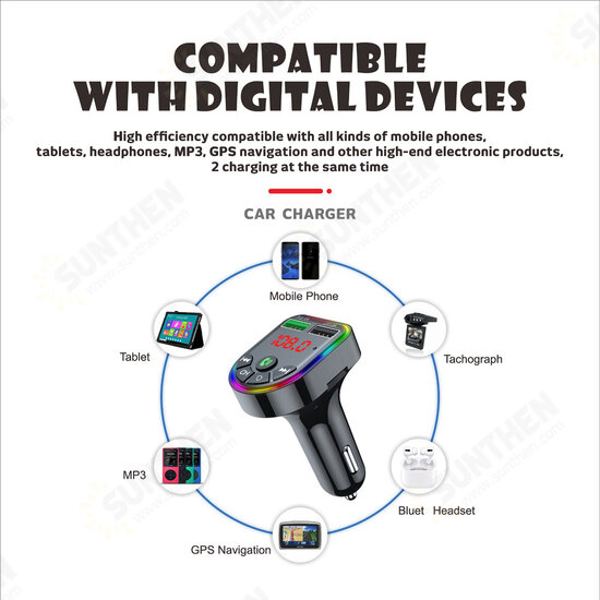 Bluetooth V5.0 FM Transmitter Dual USB Car Charger 7 Colors RGB Backlit Light Display Wireless Radio Adapter HiFi Music Play With Mic Hands-Free Calls