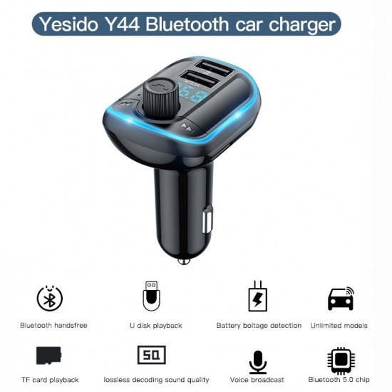 Y44 bluetooth V5.0 FM Transmitter 2*USB Car Charger LED Digital Display Wireless Radio Adapter HiFi Music Play Car Kit With Mic Hands Free Calls