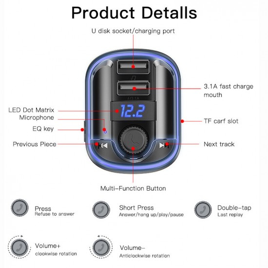 Y44 bluetooth V5.0 FM Transmitter 2*USB Car Charger LED Digital Display Wireless Radio Adapter HiFi Music Play Car Kit With Mic Hands Free Calls