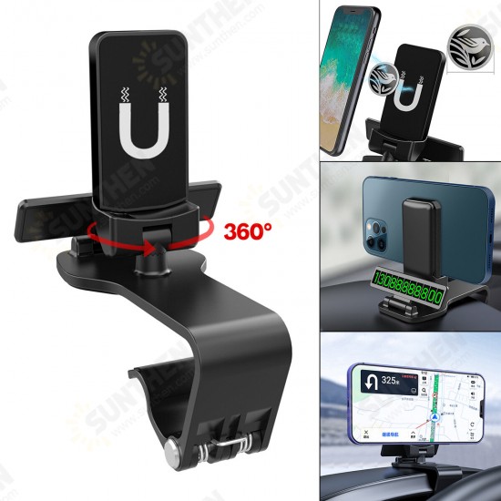 Multifunctional Magnetic 360° Rotation Car GPS Navigation Dashboard Sunvisor Mobile Phone Holder Bracket with Parking Number for Devices 4.7-7.2inch