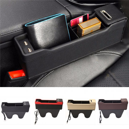 Car Right Seat Crevice Gap Leather Phone ID Card Key Storage Coin Box Car Cradles Organizer with Dual USB Ports