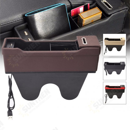 Car Right Seat Crevice Gap Leather Phone ID Card Key Storage Coin Box Car Cradles Organizer with Dual USB Ports