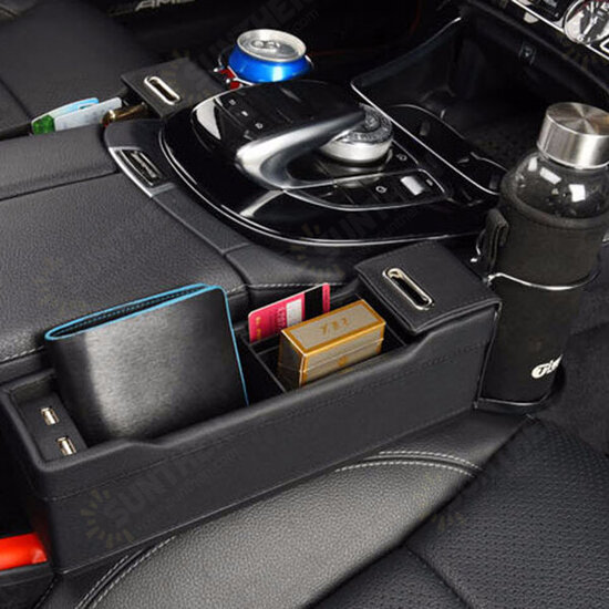 Car Right Seat Gap Leather Phone ID Card Key Storage Coin Box Cup Holders Car Cradles Organizer with Dual USB Ports