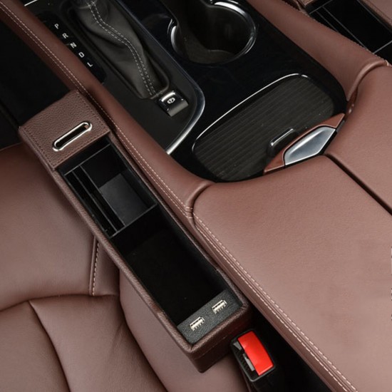 Car Right Seat Gap Leather Phone ID Card Key Storage Coin Box Cup Holders Car Cradles Organizer with Dual USB Ports