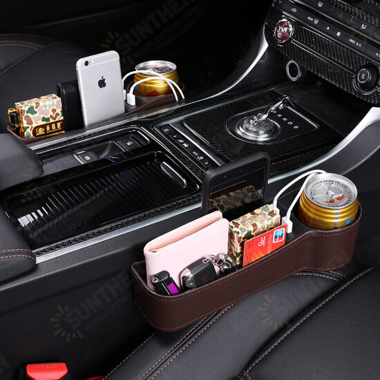 Car Seat Gap Storage Box Multifunction USB Charging Leather Car Water Cup Phone Holder