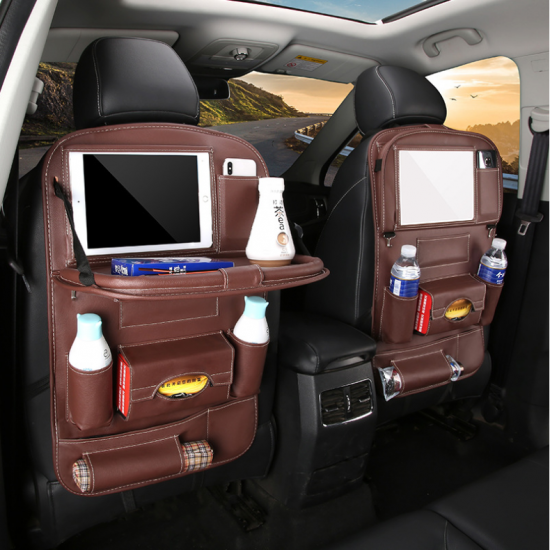 Multi-Function Leather Car Seat Hanging Bag with Phone/ Tablet Storage Pocket Travel Folding Dining Table Container