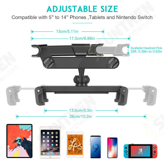 Universal Car Headrest Tablet Mount 360° Rotating Adjustable Auto Seat Back Phone Holder Stand for Car Backseat for iPad/Tablet/Smartphone 5-14 inch