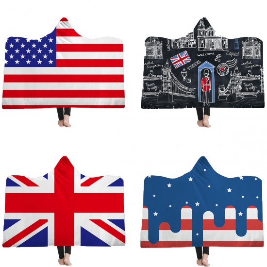 Flag of the United States UK Hooded Blankets Sherpa Fleece Ocean Blue Wearable Plush Throw Blankets