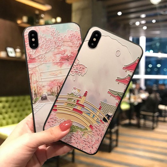 3D Flower and Cat Landscape Painted Embossed TPU Soft Protective Case Cover for iPhone X 6/6s iP 7/8