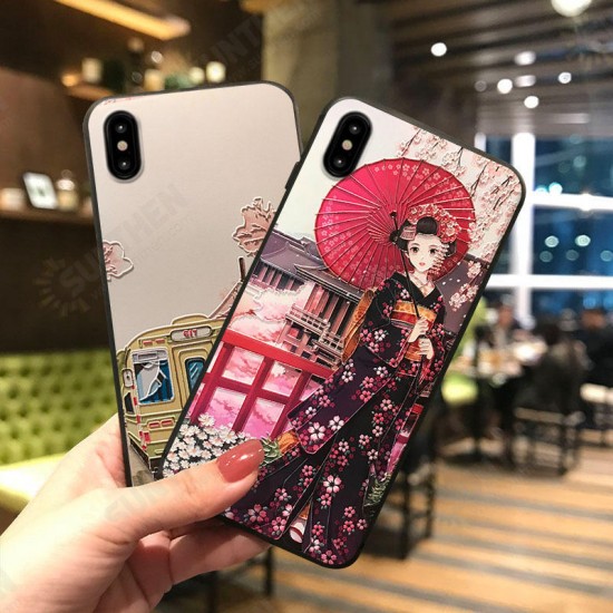 3D Flower and Cat Landscape Painted Embossed TPU Soft Protective Case Cover for iPhone X 6/6s iP 7/8