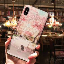 3D Flower and Cat Landscape Painted Embossed TPU Soft Protective Case Cover for iPhone X 6/6s iP 7/8