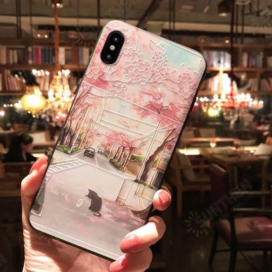 3D Flower and Cat Landscape Painted Embossed TPU Soft Protective Case Cover for iPhone X 6/6s iP 7/8