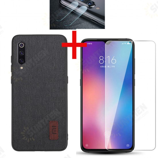 Fabric Splice Soft Edge Protective Case+Tempered Glass Screen Protector +Lens Protector For Xiaomi Mi 9 / Mi 9 Transparent Edition-Black Non-original