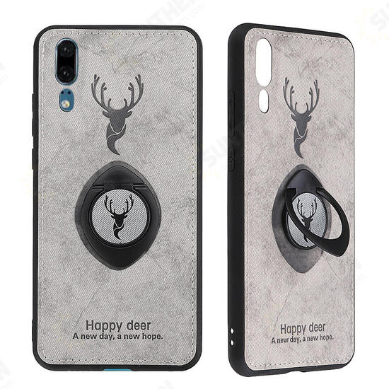 Happy Deer Ring Holder Bracket TPU+PU Leather Protective Case For Huawei P20