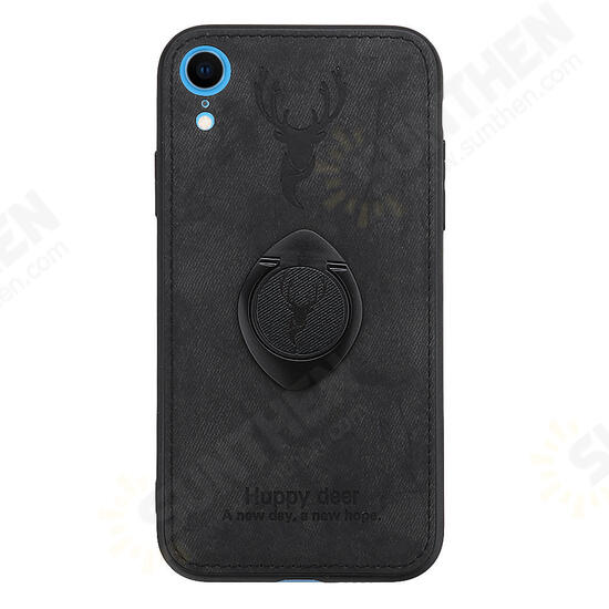 Happy Deer Ring Holder Bracket TPU+PU Leather Protective Case For iPhone XR 6.1 Inch