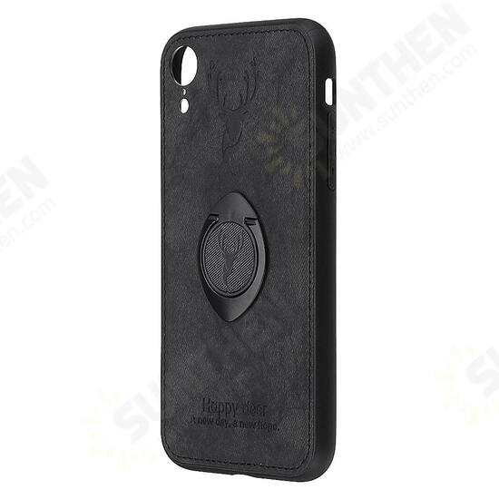 Happy Deer Ring Holder Bracket TPU+PU Leather Protective Case For iPhone XR 6.1 Inch
