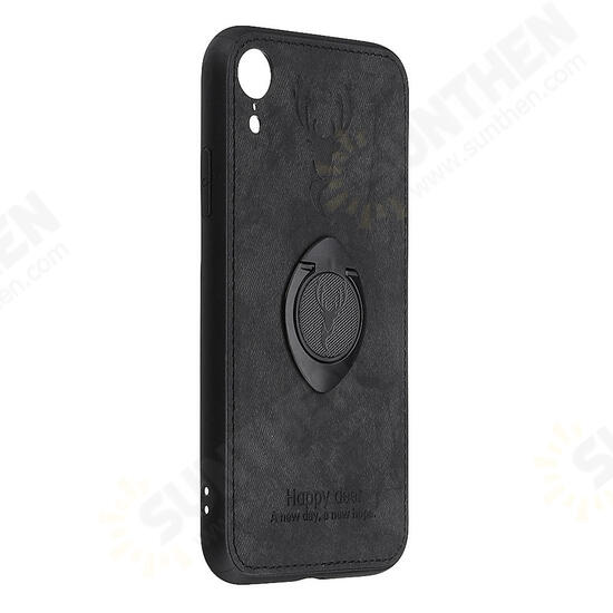 Happy Deer Ring Holder Bracket TPU+PU Leather Protective Case For iPhone XR 6.1 Inch