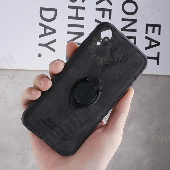 Happy Deer Ring Holder Bracket TPU+PU Leather Protective Case For iPhone XR 6.1 Inch