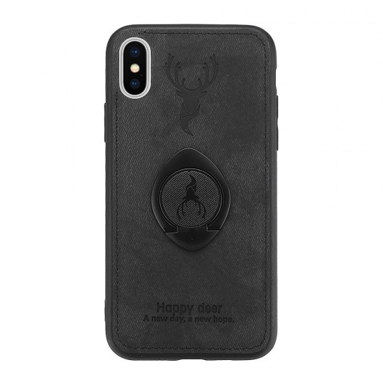Happy Deer Ring Holder Bracket TPU+PU Leather Protective Case For iPhone XS 5.8 Inch