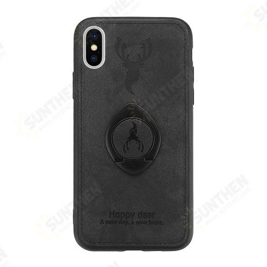 Happy Deer Ring Holder Bracket TPU+PU Leather Protective Case For iPhone XS 5.8 Inch