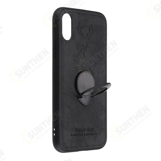 Happy Deer Ring Holder Bracket TPU+PU Leather Protective Case For iPhone XS 5.8 Inch