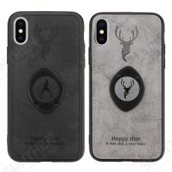Happy Deer Ring Holder Bracket TPU+PU Leather Protective Case For iPhone XS 5.8 Inch