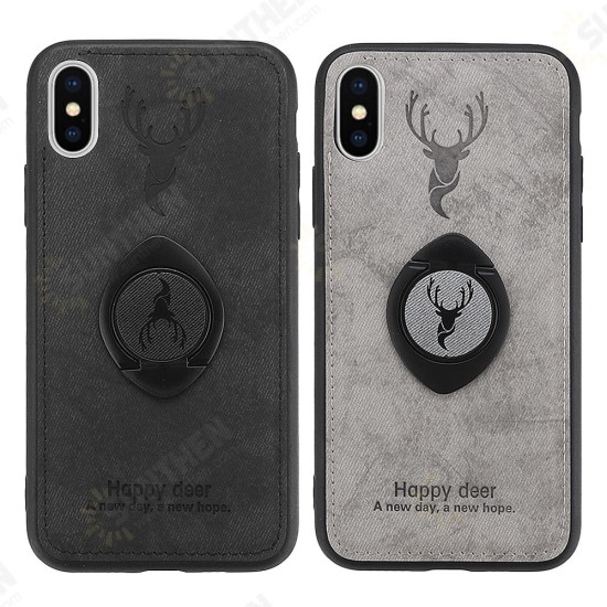 Happy Deer Ring Holder Bracket TPU+PU Leather Protective Case For iPhone XS 5.8 Inch