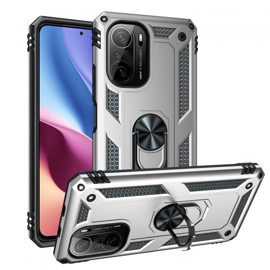 For POCO F3 Global Version Case Bumpers Shockproof Magnetic with 360 Rotation Finger Ring Holder Stand PC Protective Case