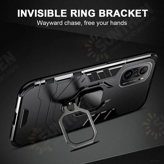 For POCO F3 Global Version Case Shockproof Magnetic with 360° Rotation Finger Ring Holder Stand PC Protective Case